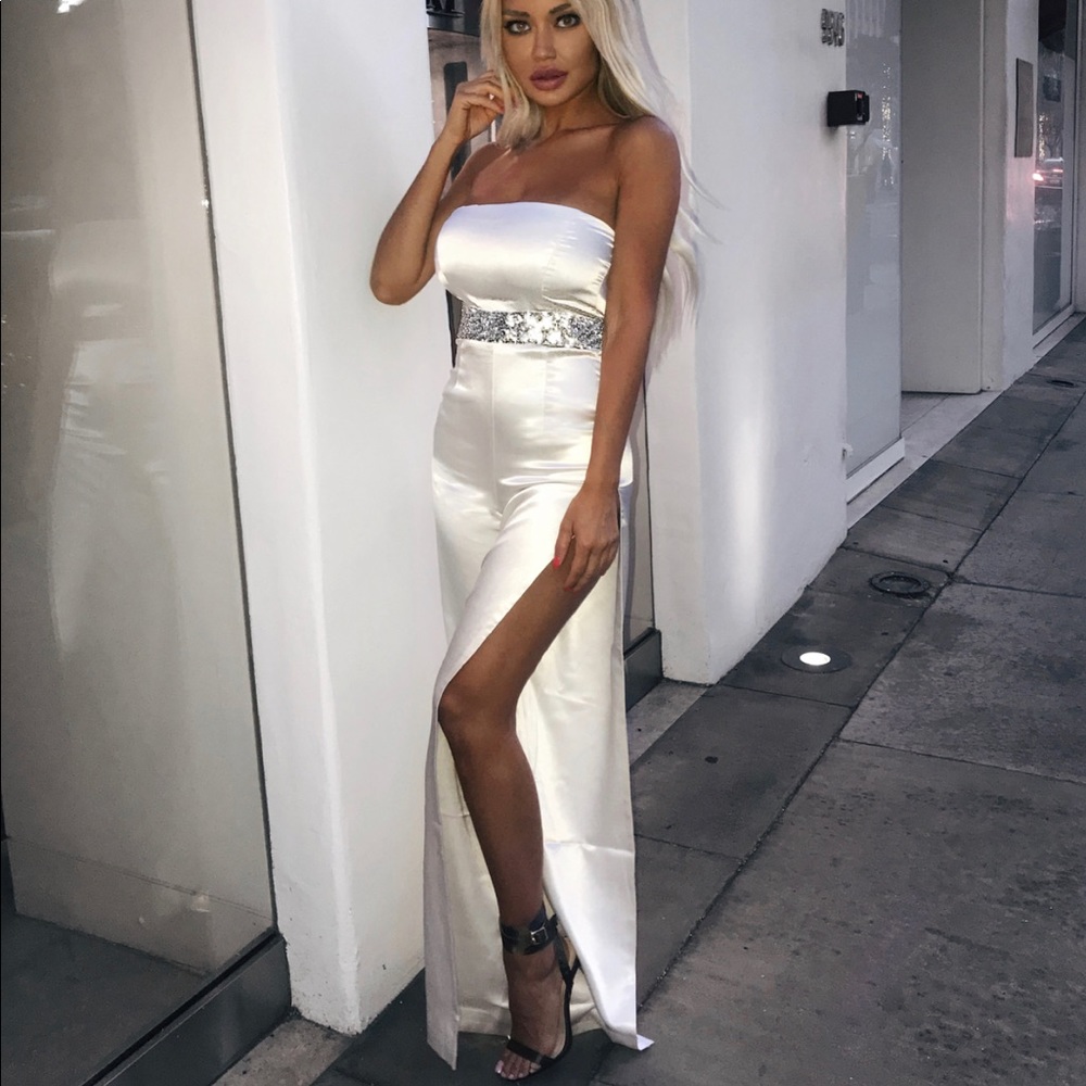 satin jumper with rhinestone belt details